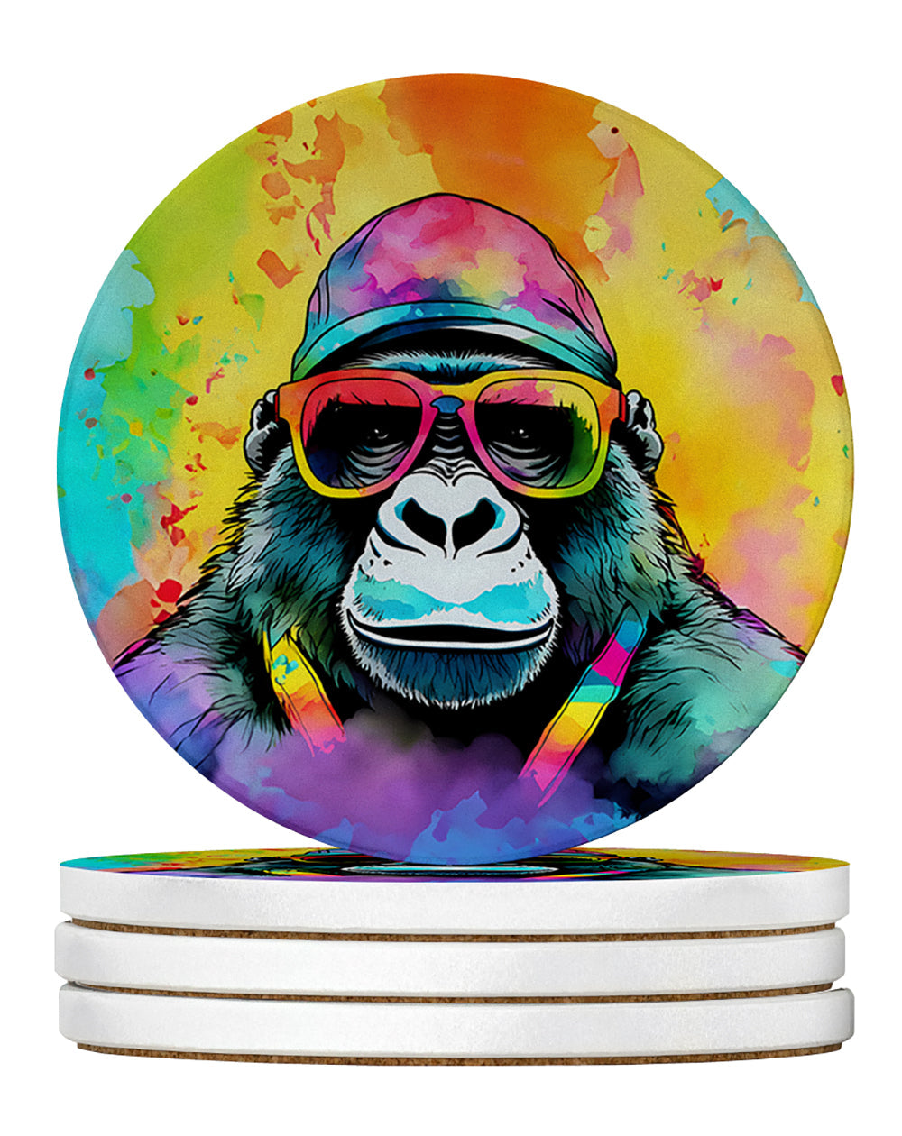 Hippie Animal Gorilla Large Sandstone Coasters Pack of 4 Absorbent Round Coasters Decor Gifts for Men or Women, 4 in, Multicolor