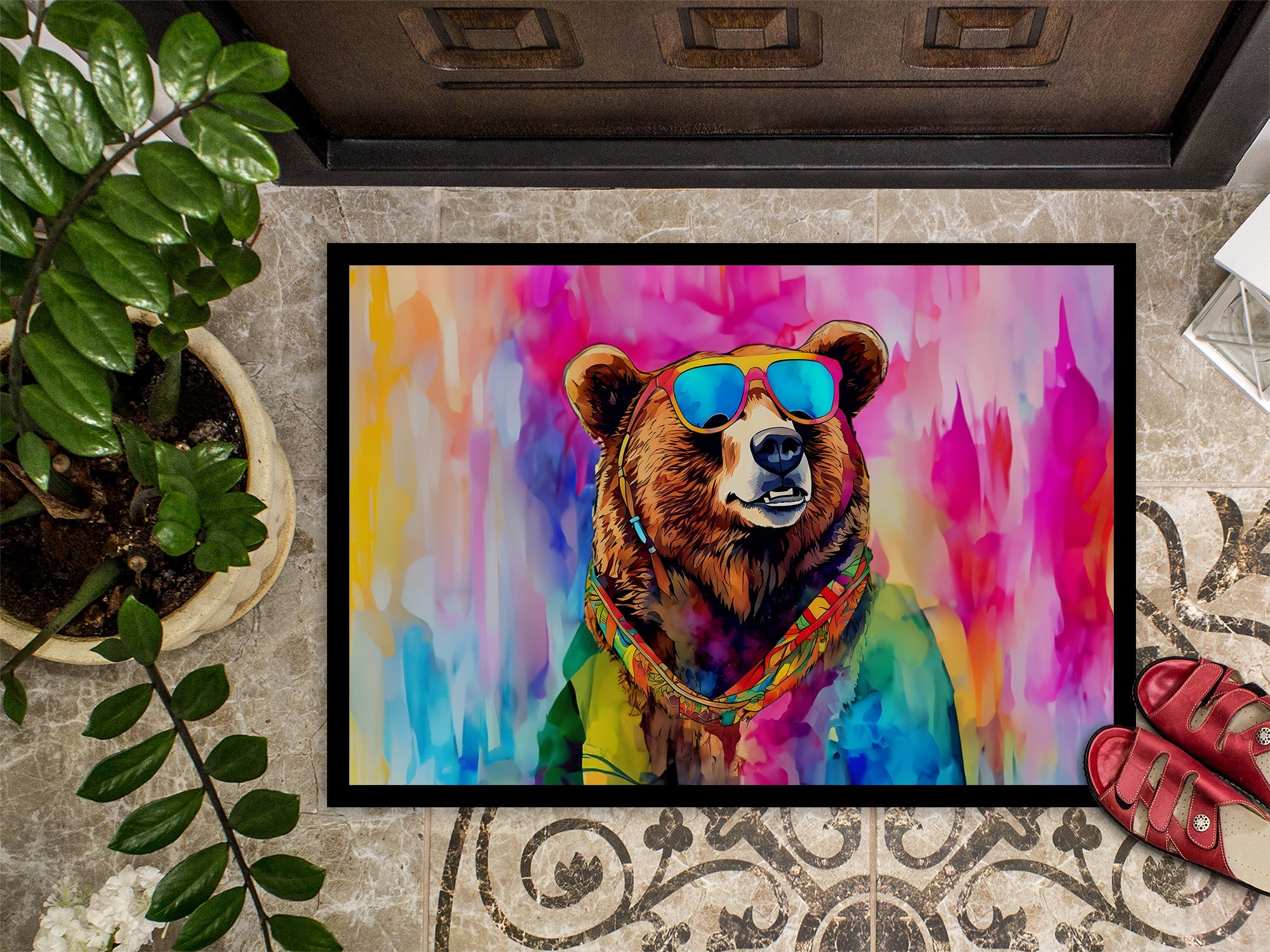 Hippie Animal Grizzly Bear Doormat Indoor Outdoor 24H X 36W Front Door Mat Rugs for Entryway, Non Slip Washable Low Pile,