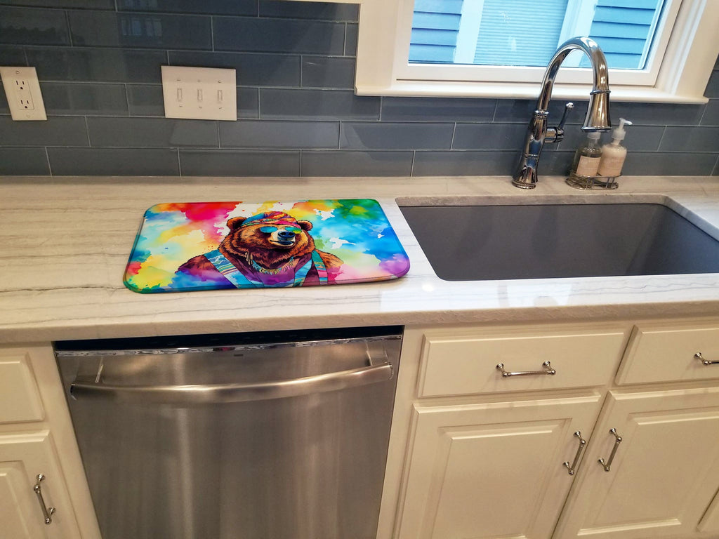 Hippie Animal Grizzly Bear Dish Drying Mat Absorbent Dish Drying Mat Pad for Kitchen Counter Dish Drainer Mat for Countertop, 14 x 21", Multicolor