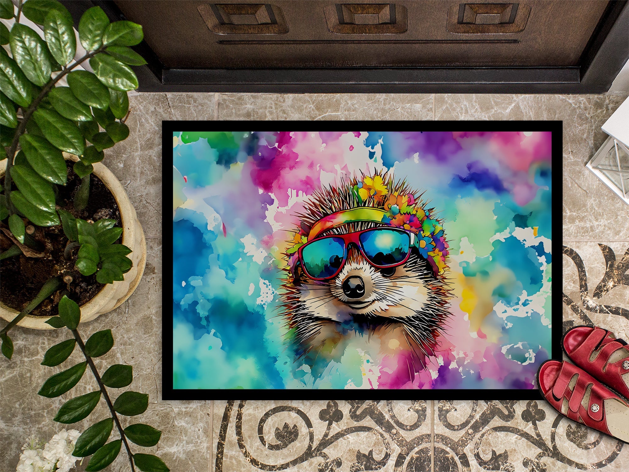 Hippie Animal Hedgehog Doormat Indoor Outdoor 24H X 36W Front Door Mat Rugs for Entryway, Non Slip Washable Low Pile,