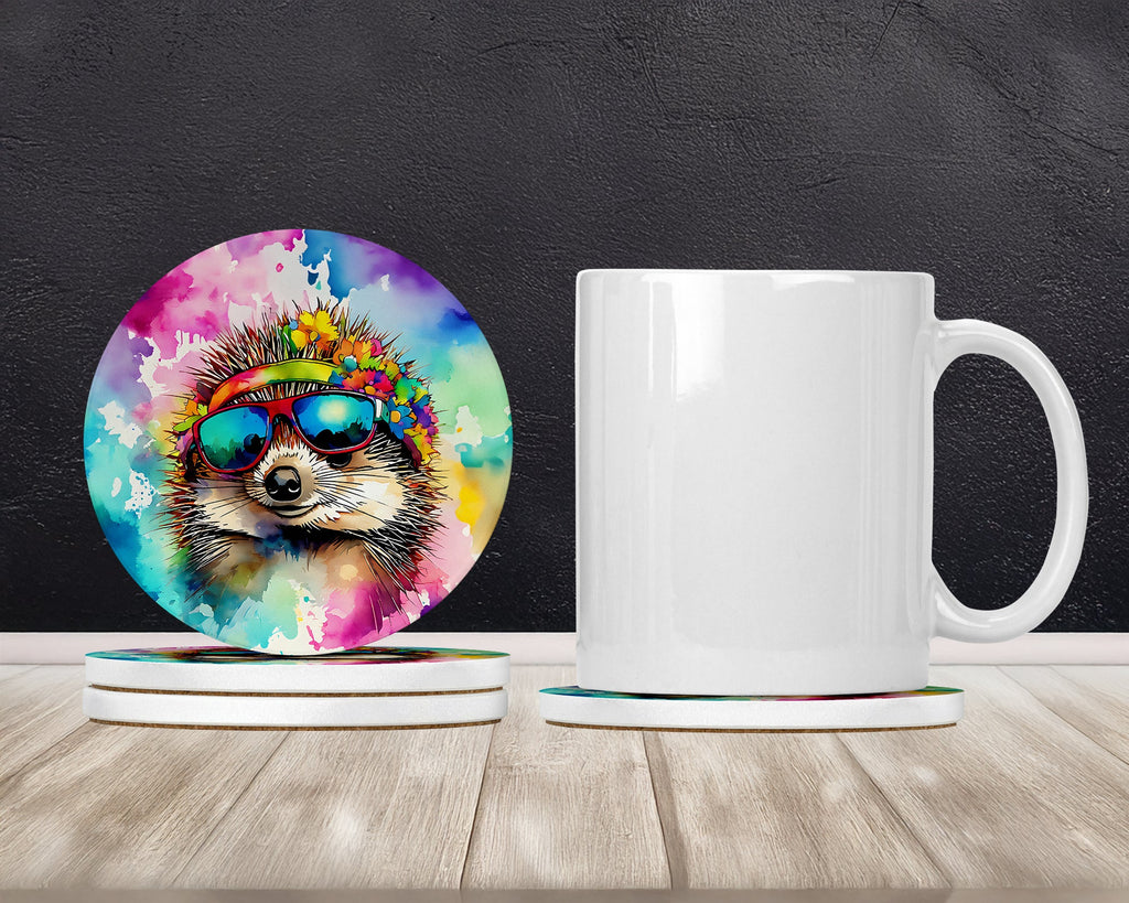 Hippie Animal Hedgehog Large Sandstone Coasters Pack of 4 Absorbent Round Coasters Decor Gifts for Men or Women, 4 in, Multicolor