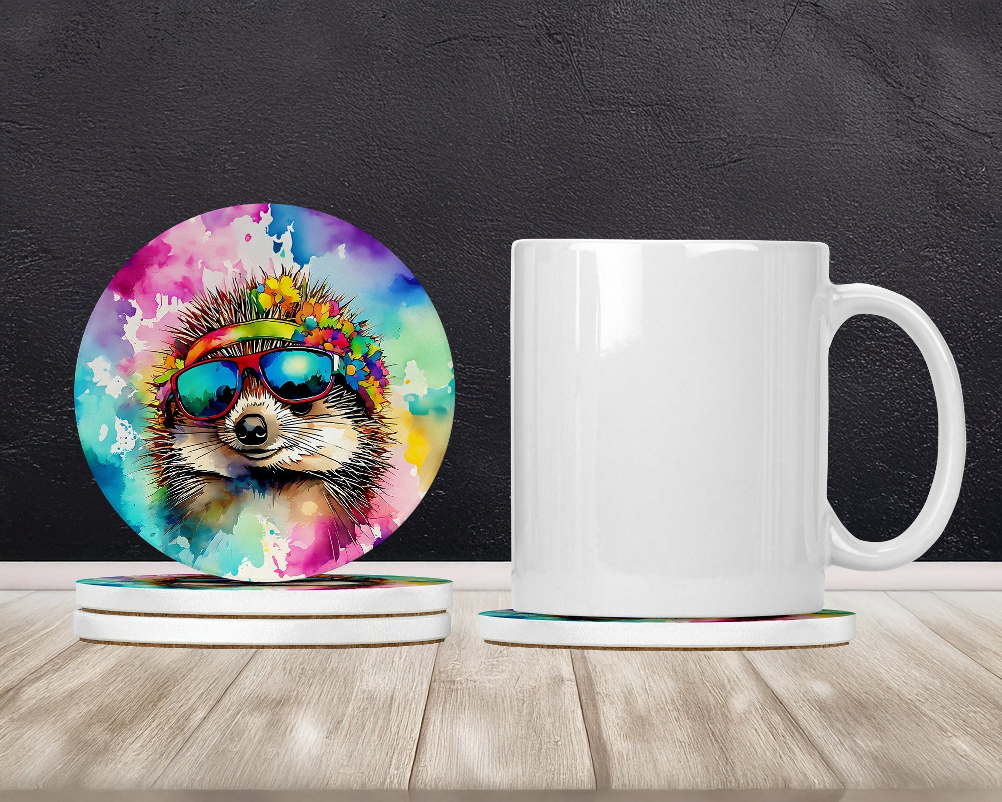 Hippie Animal Hedgehog Large Sandstone Coasters Pack of 4 Absorbent Round Coasters Decor Gifts for Men or Women, 4 in, Multicolor