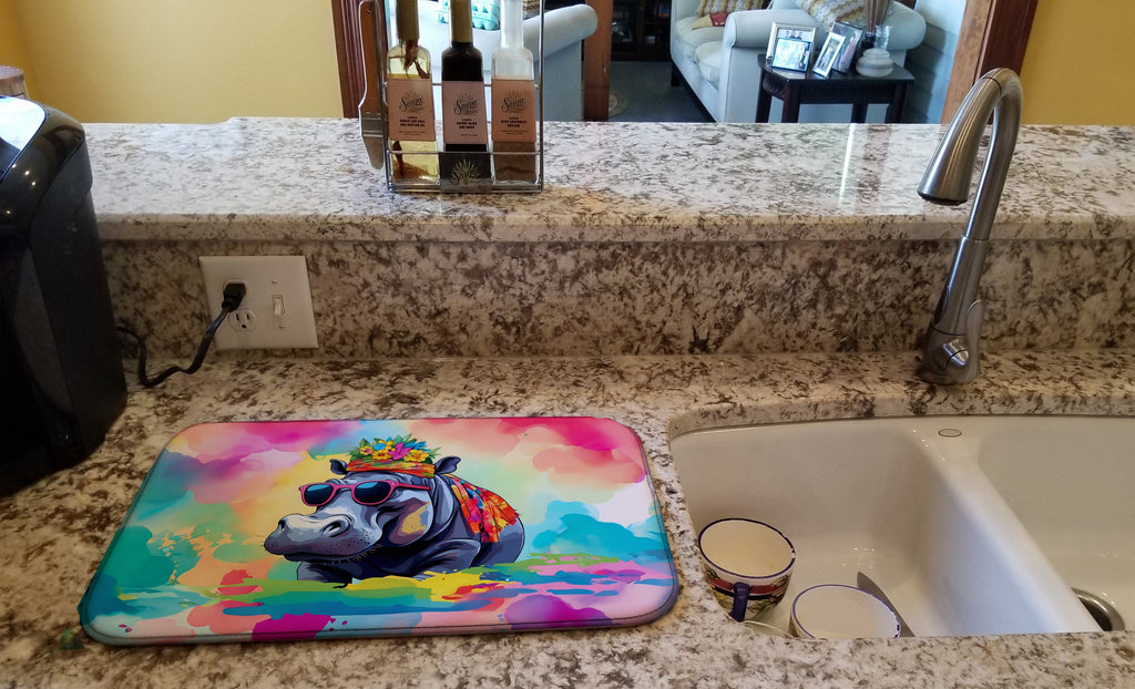 Hippie Animal Hippopotamus Dish Drying Mat Absorbent Dish Drying Mat Pad for Kitchen Counter Dish Drainer Mat for Countertop, 14 x 21", Multicolor