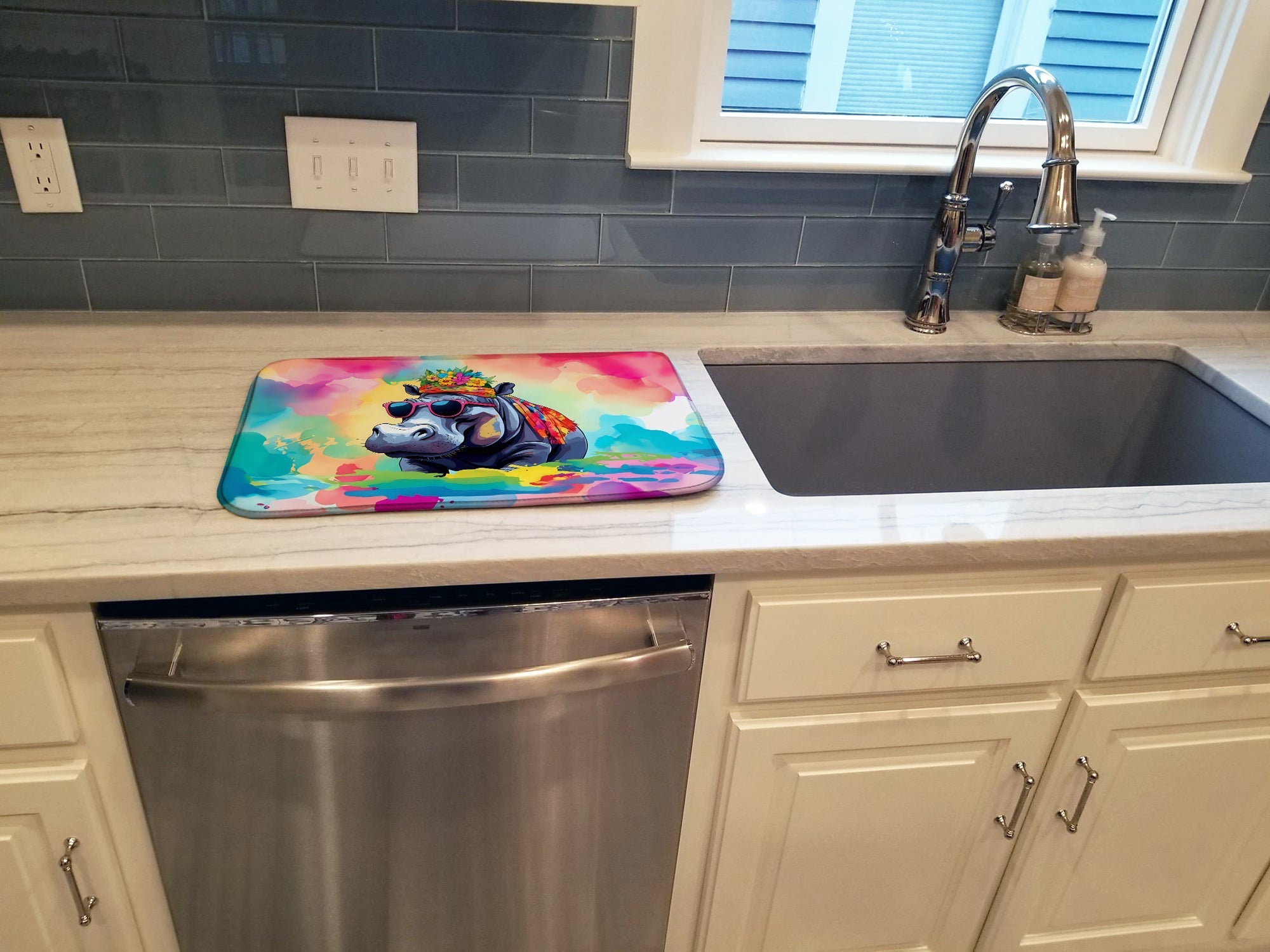 Hippie Animal Hippopotamus Dish Drying Mat Absorbent Dish Drying Mat Pad for Kitchen Counter Dish Drainer Mat for Countertop, 14 x 21", Multicolor