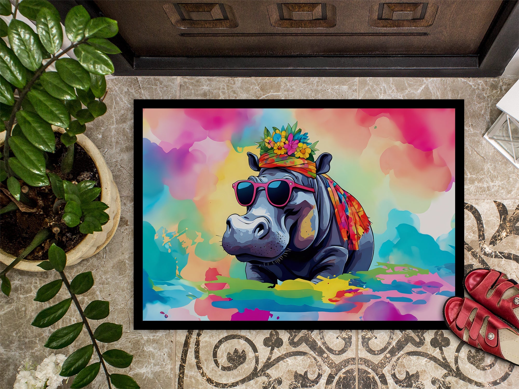 Hippie Animal Hippopotamus Doormat Indoor Outdoor 18H X 27W Front Door Mat Rugs for Entryway, Non Slip Washable