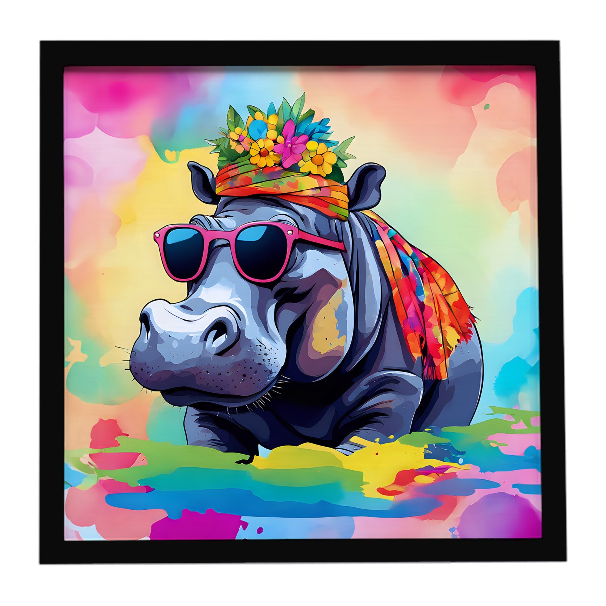 Hippie Animal Hippopotamus Framed Metal Print Bathroom, Kitchen, Office, Home Decor Wall Art Ready to Hang, Square, 8X8