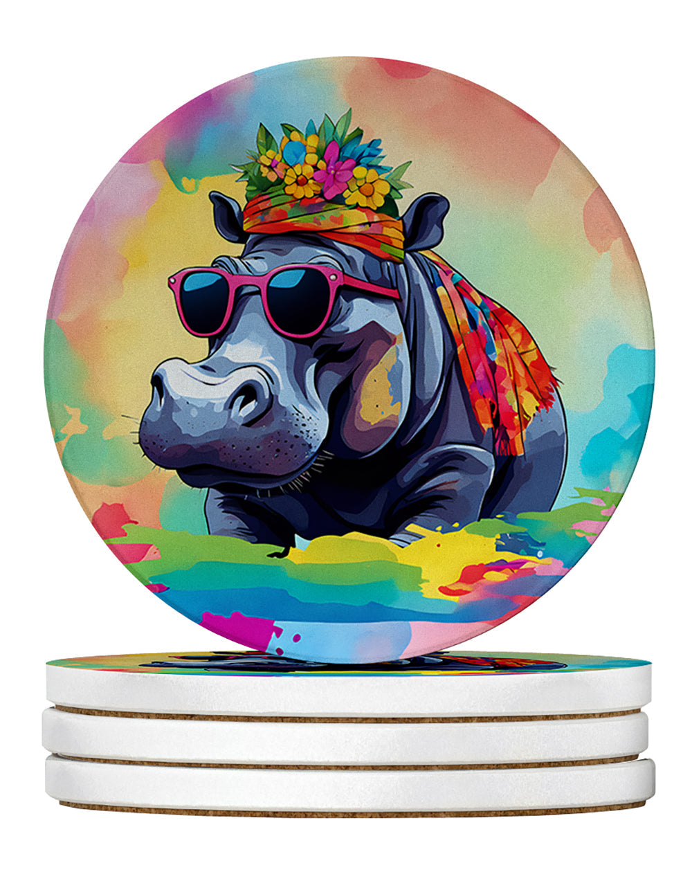 Hippie Animal Hippopotamus Large Sandstone Coasters Pack of 4 Absorbent Round Coasters Decor Gifts for Men or Women, 4 in, Multicolor
