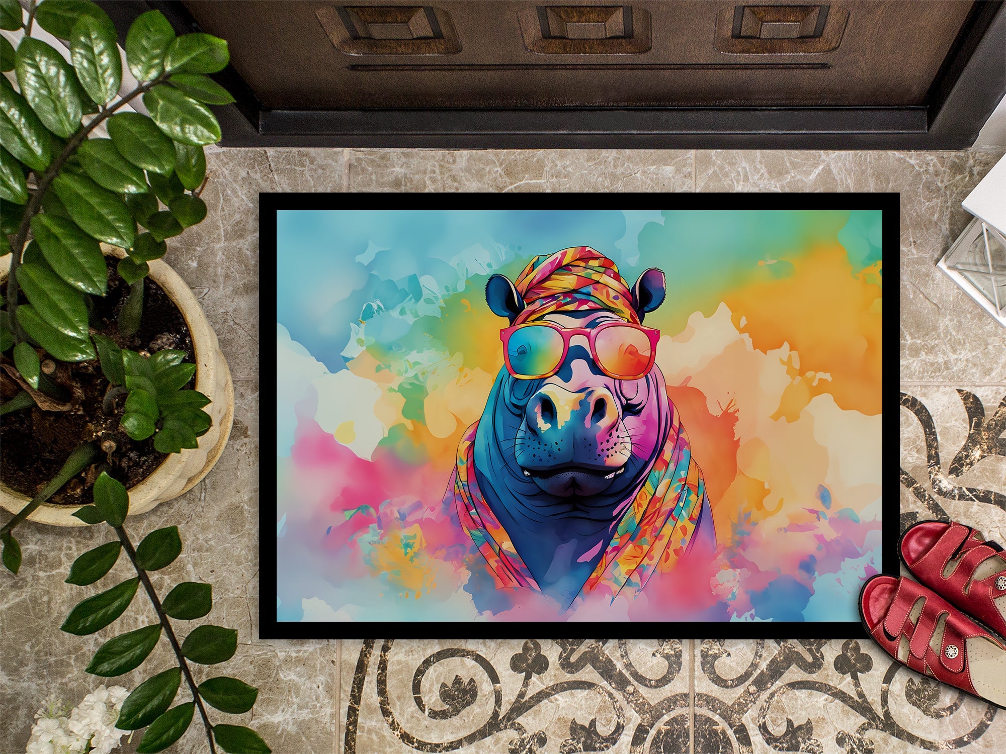 Hippie Animal Hippopotamus Doormat Indoor Outdoor 18H X 27W Front Door Mat Rugs for Entryway, Non Slip Washable