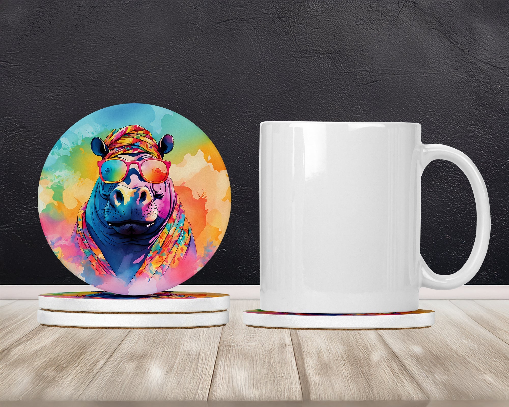 Hippie Animal Hippopotamus Large Sandstone Coasters Pack of 4 Absorbent Round Coasters Decor Gifts for Men or Women, 4 in, Multicolor