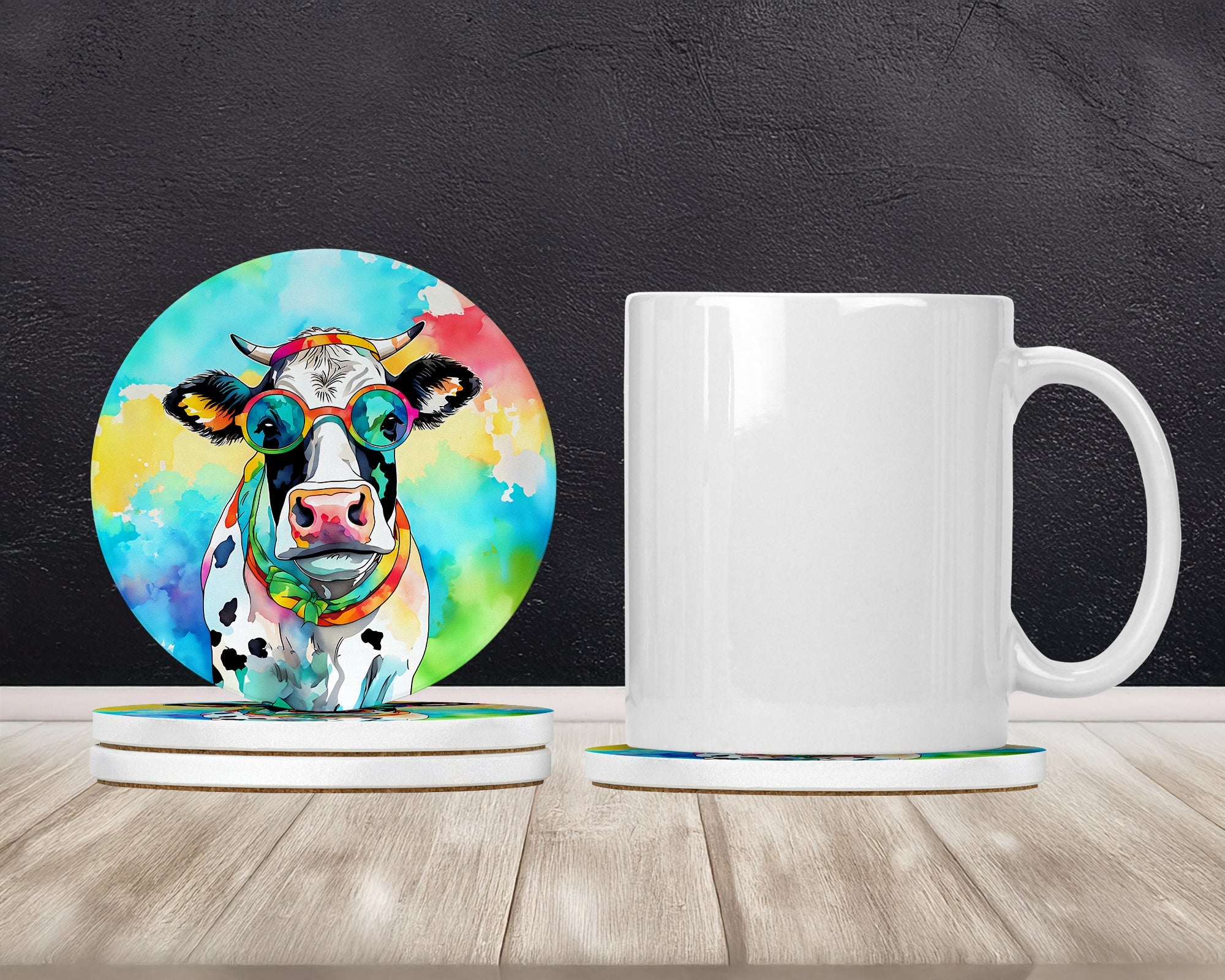 Hippie Animal Cow Large Sandstone Coasters Pack of 4 Absorbent Round Coasters Decor Gifts for Men or Women, 4 in, Multicolor