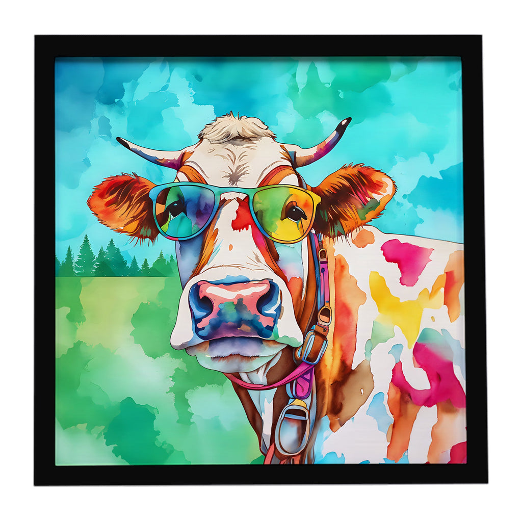 Hippie Animal Cow Framed Metal Print Bathroom, Kitchen, Office, Home Decor Wall Art Ready to Hang, Square, 8X8
