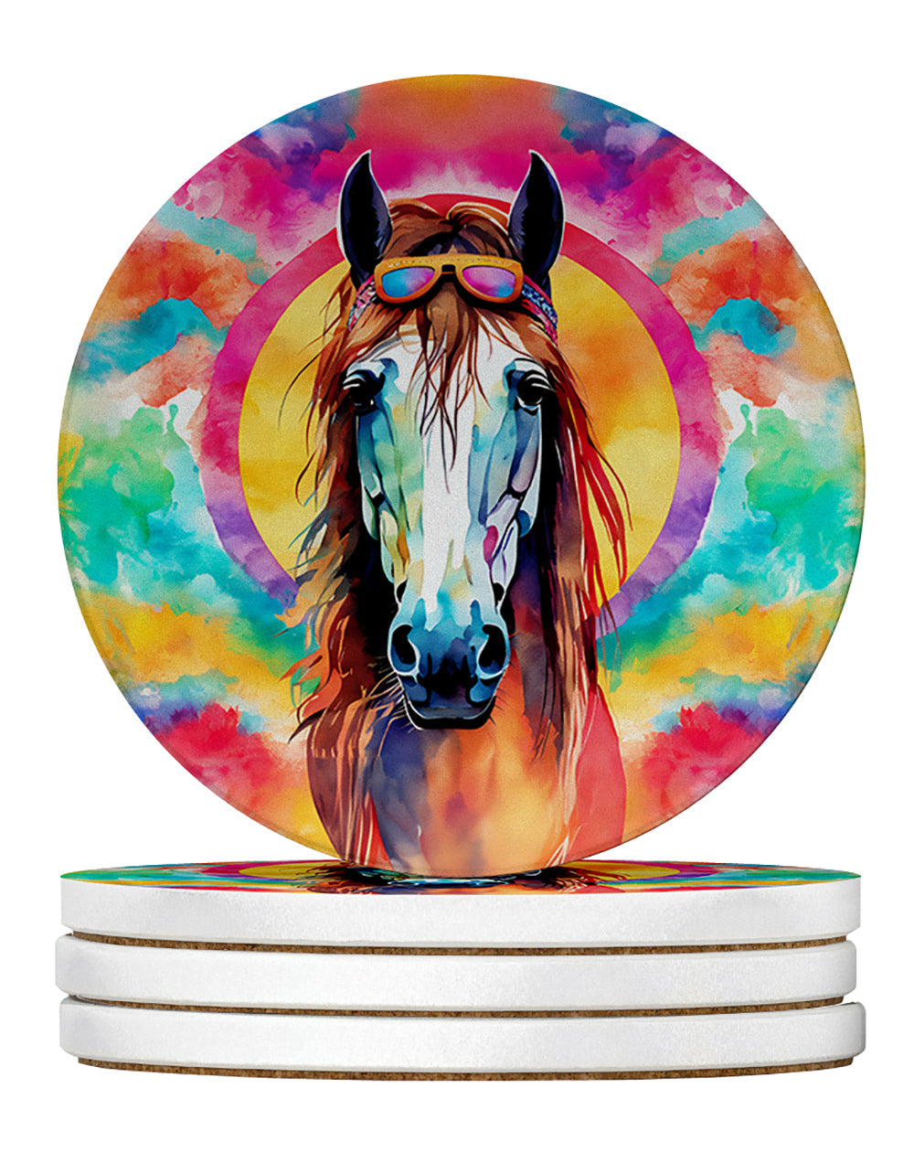 Hippie Animal Horse Large Sandstone Coasters Pack of 4 Absorbent Round Coasters Decor Gifts for Men or Women, 4 in, Multicolor