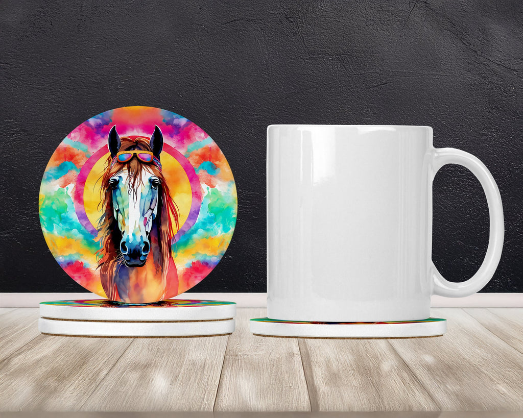 Hippie Animal Horse Large Sandstone Coasters Pack of 4 Absorbent Round Coasters Decor Gifts for Men or Women, 4 in, Multicolor