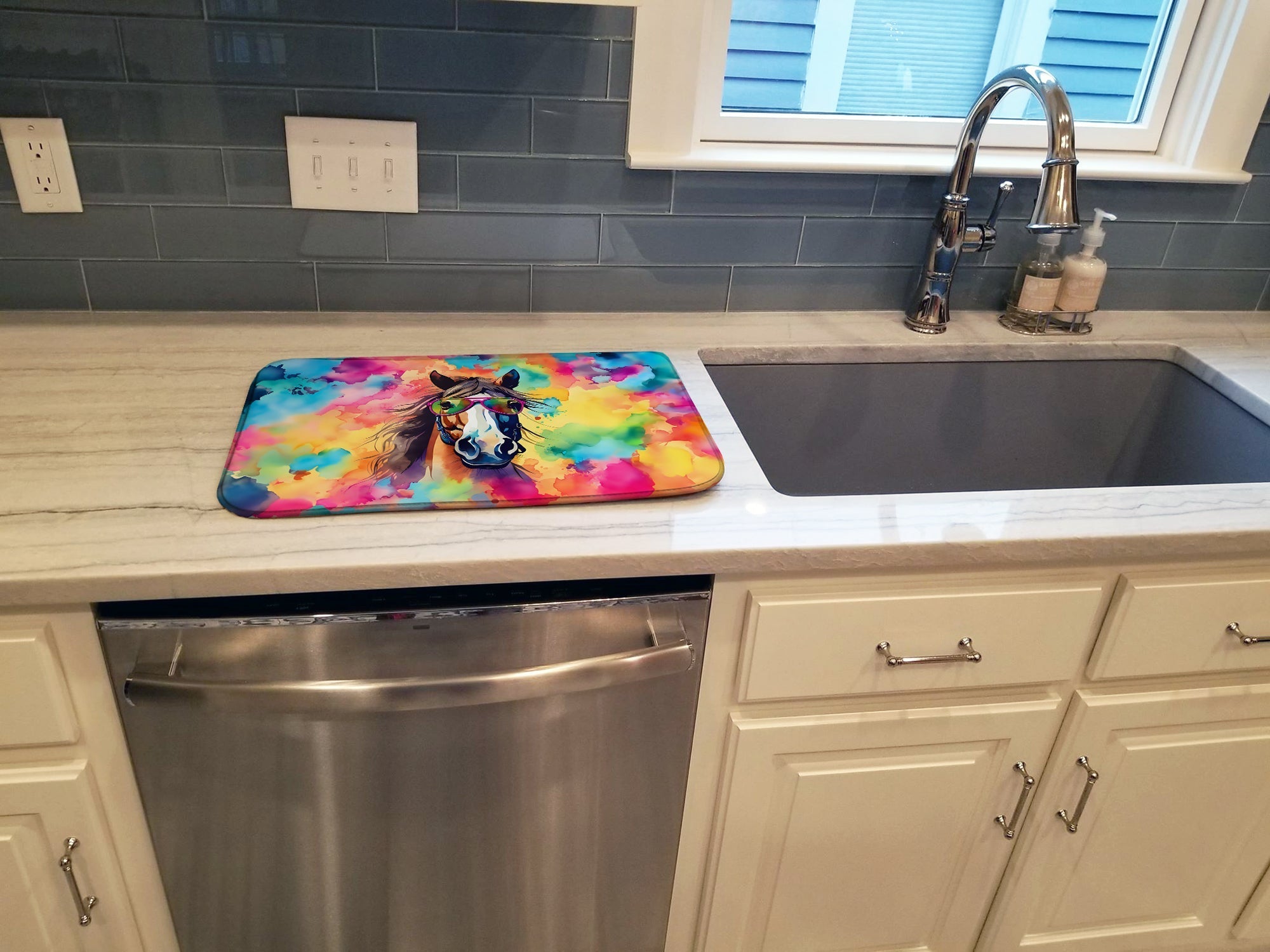 Hippie Animal Horse Dish Drying Mat Absorbent Dish Drying Mat Pad for Kitchen Counter Dish Drainer Mat for Countertop, 14 x 21", Multicolor