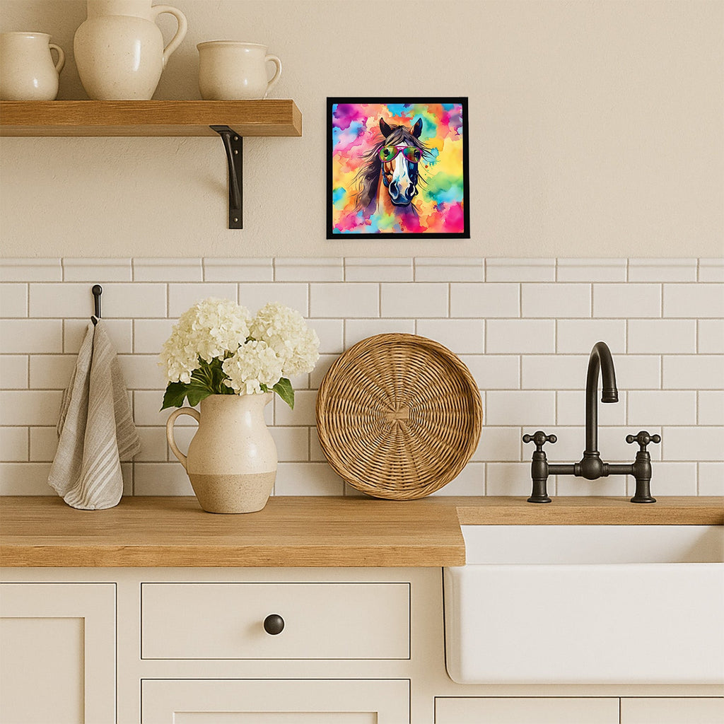 Hippie Animal Horse Framed Metal Print Bathroom, Kitchen, Office, Home Decor Wall Art Ready to Hang, Square, 8X8