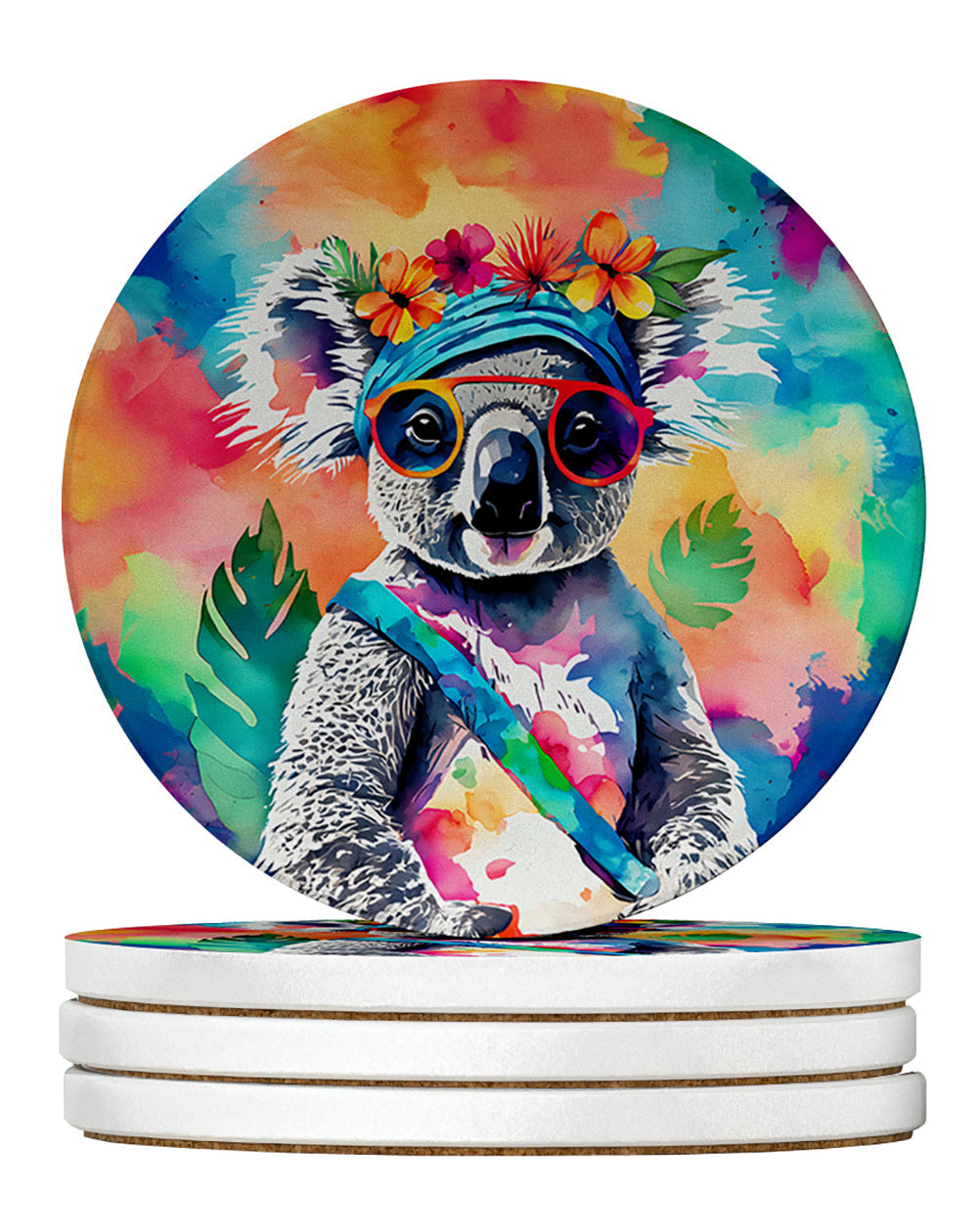 Hippie Animal Koala Large Sandstone Coasters Pack of 4 Absorbent Round Coasters Decor Gifts for Men or Women, 4 in, Multicolor