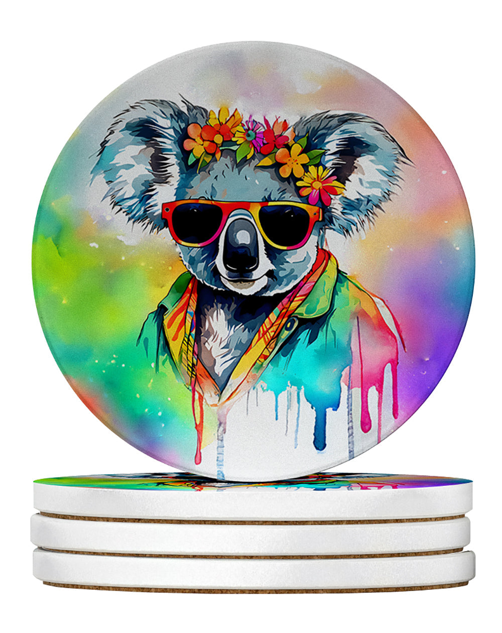 Hippie Animal Koala Large Sandstone Coasters Pack of 4 Absorbent Round Coasters Decor Gifts for Men or Women, 4 in, Multicolor