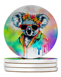 Hippie Animal Koala Large Sandstone Coasters Pack of 4 Absorbent Round Coasters Decor Gifts for Men or Women, 4 in, Multicolor