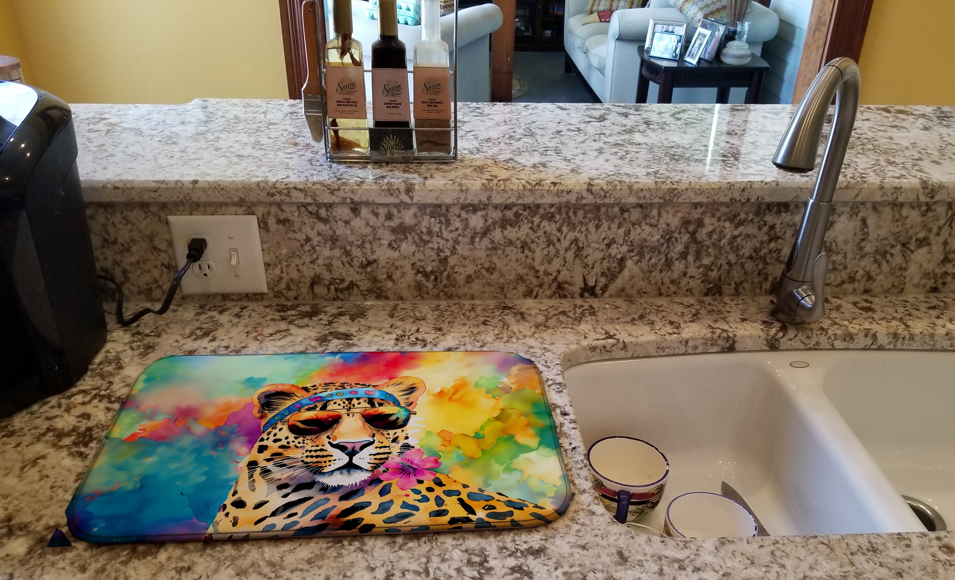 Hippie Animal Leopard Dish Drying Mat Absorbent Dish Drying Mat Pad for Kitchen Counter Dish Drainer Mat for Countertop, 14 x 21", Multicolor