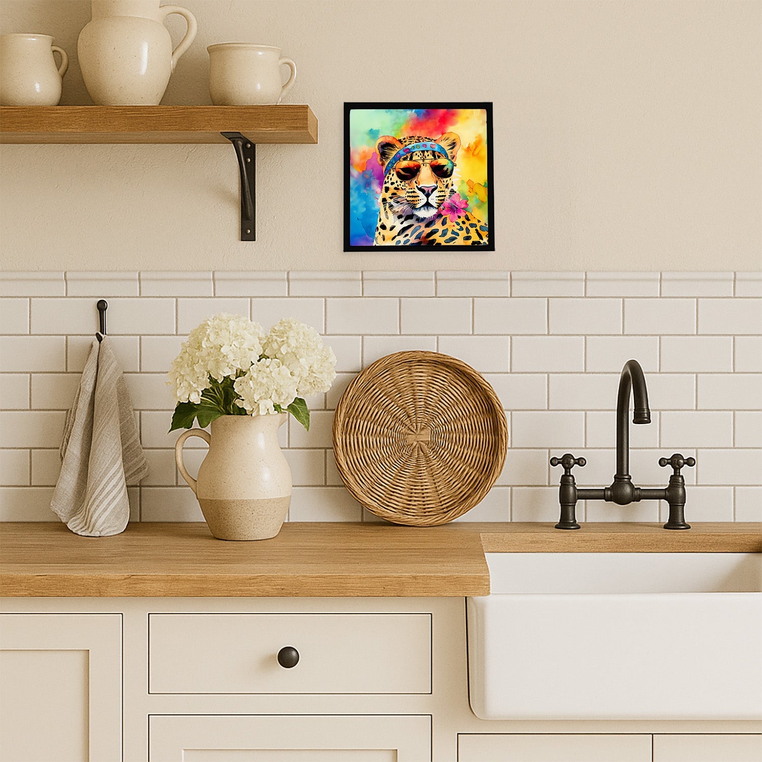 Hippie Animal Leopard Framed Metal Print Bathroom, Kitchen, Office, Home Decor Wall Art Ready to Hang, Square, 8X8