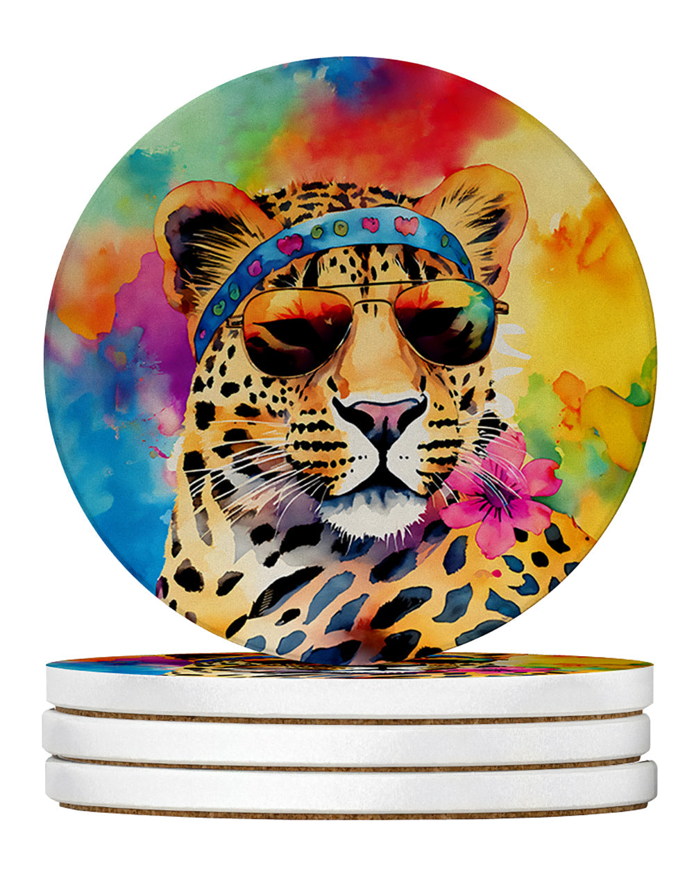 Hippie Animal Leopard Large Sandstone Coasters Pack of 4 Absorbent Round Coasters Decor Gifts for Men or Women, 4 in, Multicolor