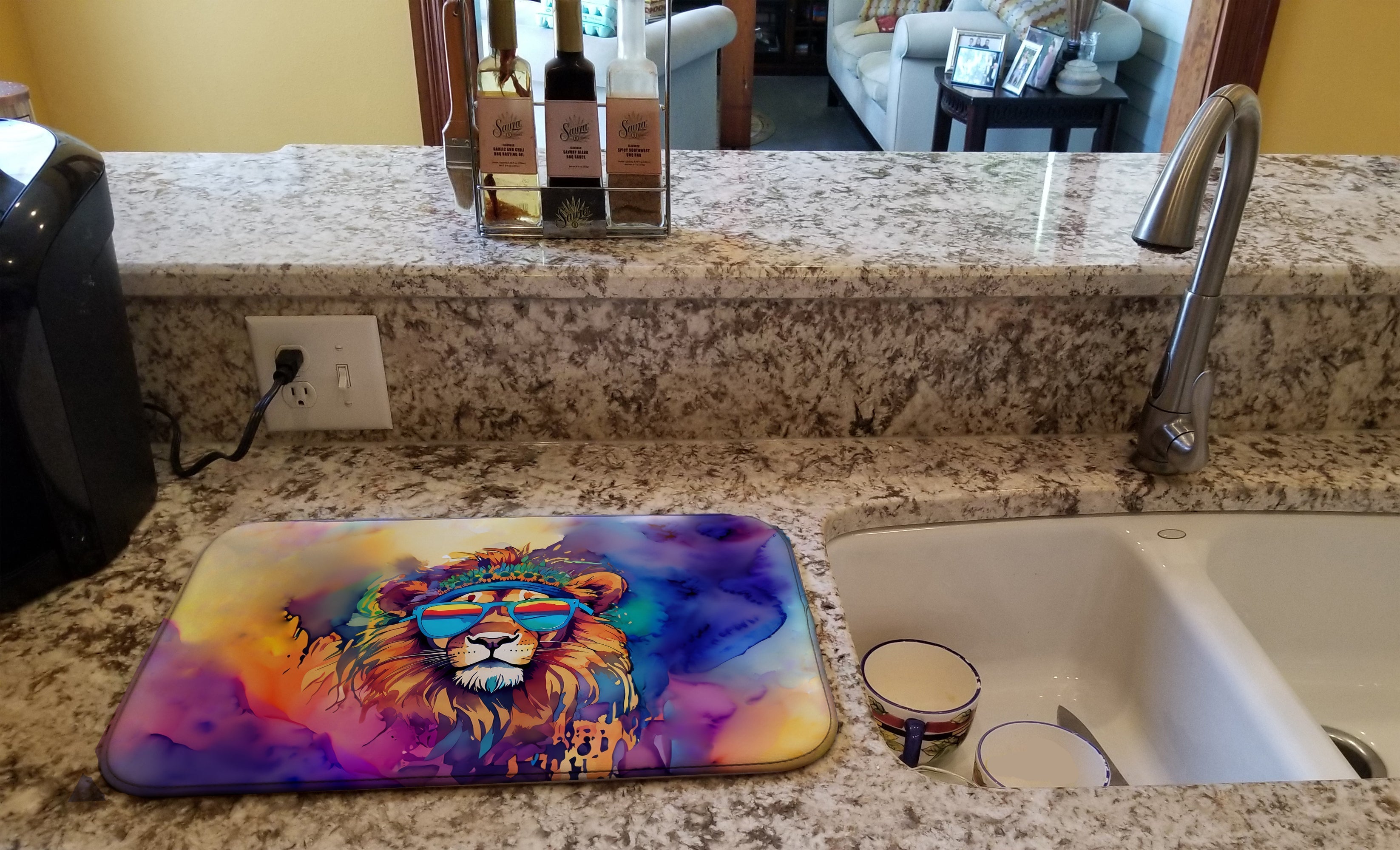 Hippie Animal Lion Dish Drying Mat Absorbent Dish Drying Mat Pad for Kitchen Counter Dish Drainer Mat for Countertop, 14 x 21", Multicolor