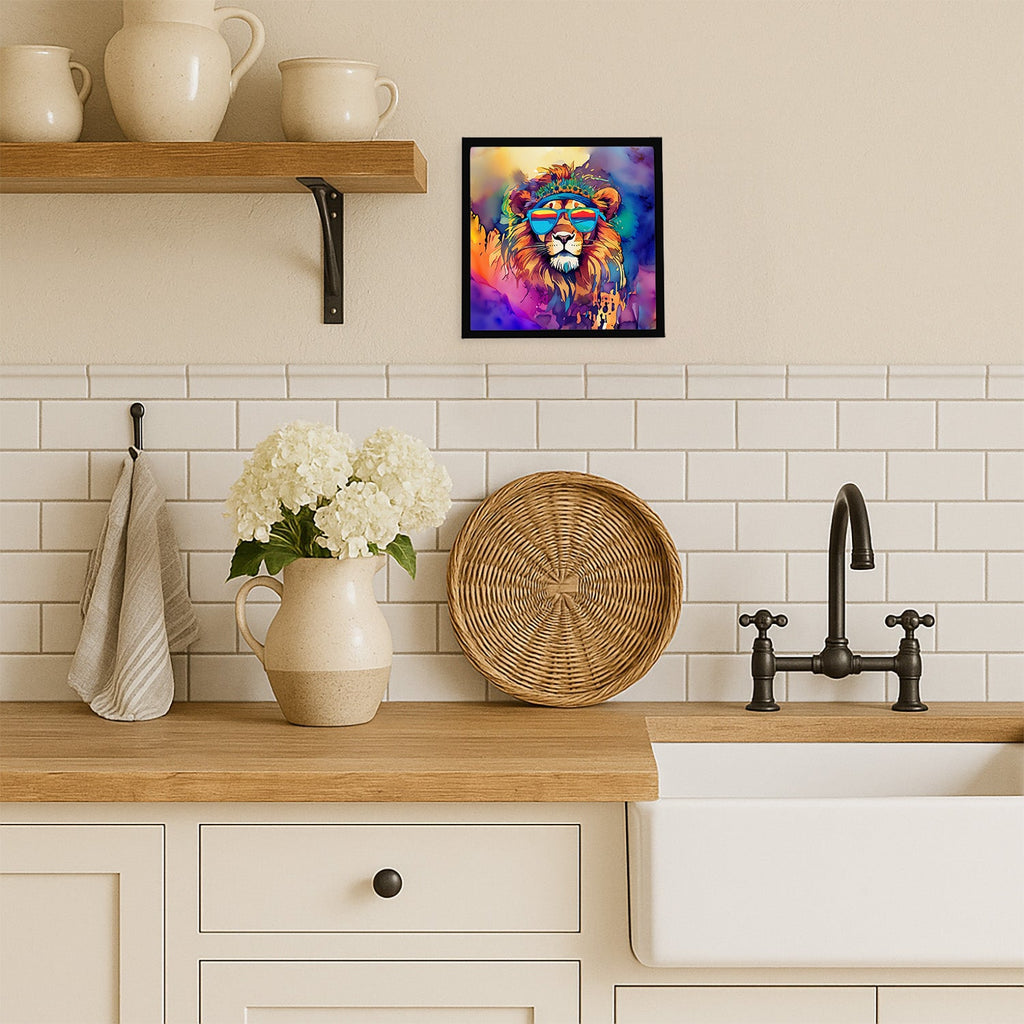 Hippie Animal Lion Framed Metal Print Bathroom, Kitchen, Office, Home Decor Wall Art Ready to Hang, Square, 8X8