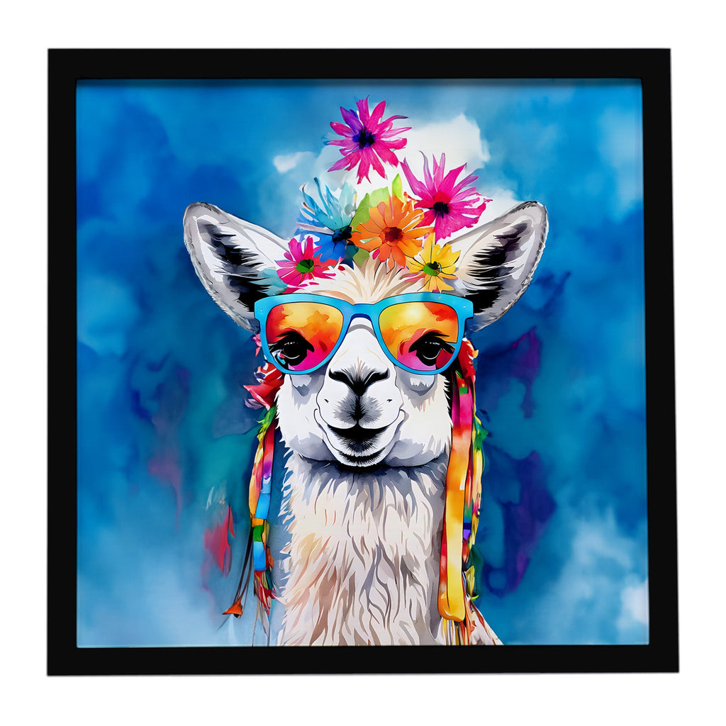 Hippie Animal Llama Framed Metal Print Bathroom, Kitchen, Office, Home Decor Wall Art Ready to Hang, Square, 8X8