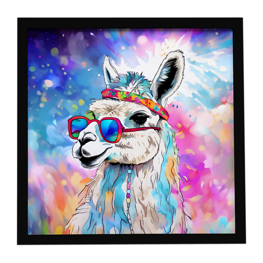 Hippie Animal Llama Framed Metal Print Bathroom, Kitchen, Office, Home Decor Wall Art Ready to Hang, Square, 8X8