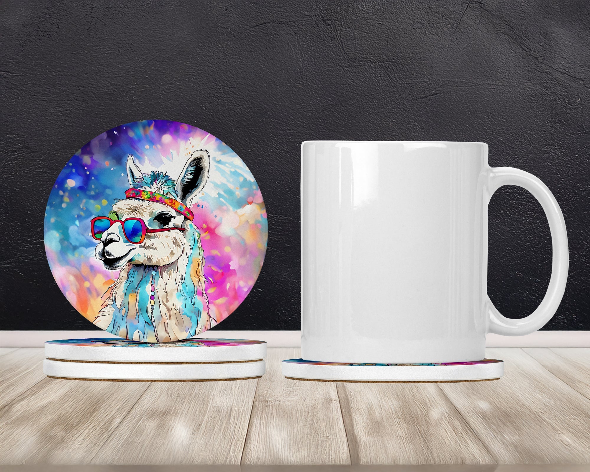 Hippie Animal Llama Large Sandstone Coasters Pack of 4 Absorbent Round Coasters Decor Gifts for Men or Women, 4 in, Multicolor