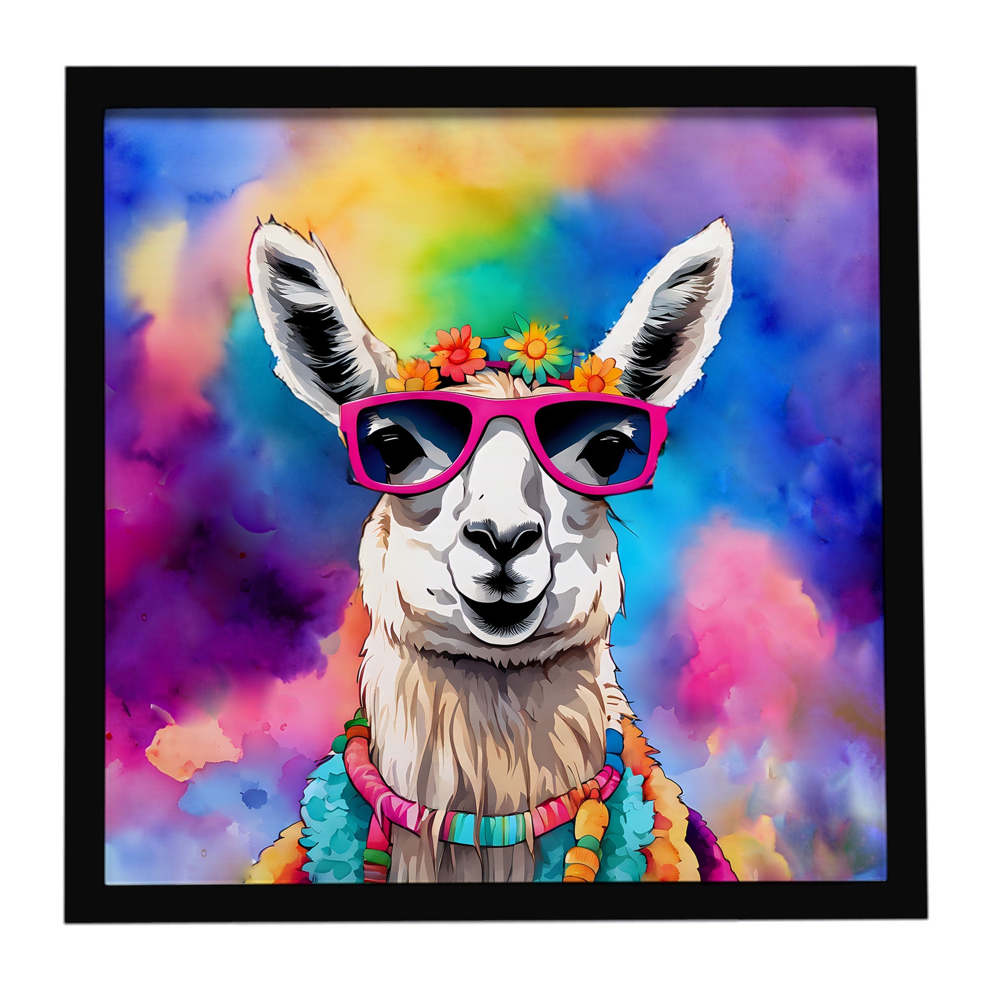 Hippie Animal Llama Framed Metal Print Bathroom, Kitchen, Office, Home Decor Wall Art Ready to Hang, Square, 8X8
