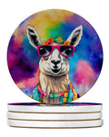 Hippie Animal Llama Large Sandstone Coasters Pack of 4 Absorbent Round Coasters Decor Gifts for Men or Women, 4 in, Multicolor