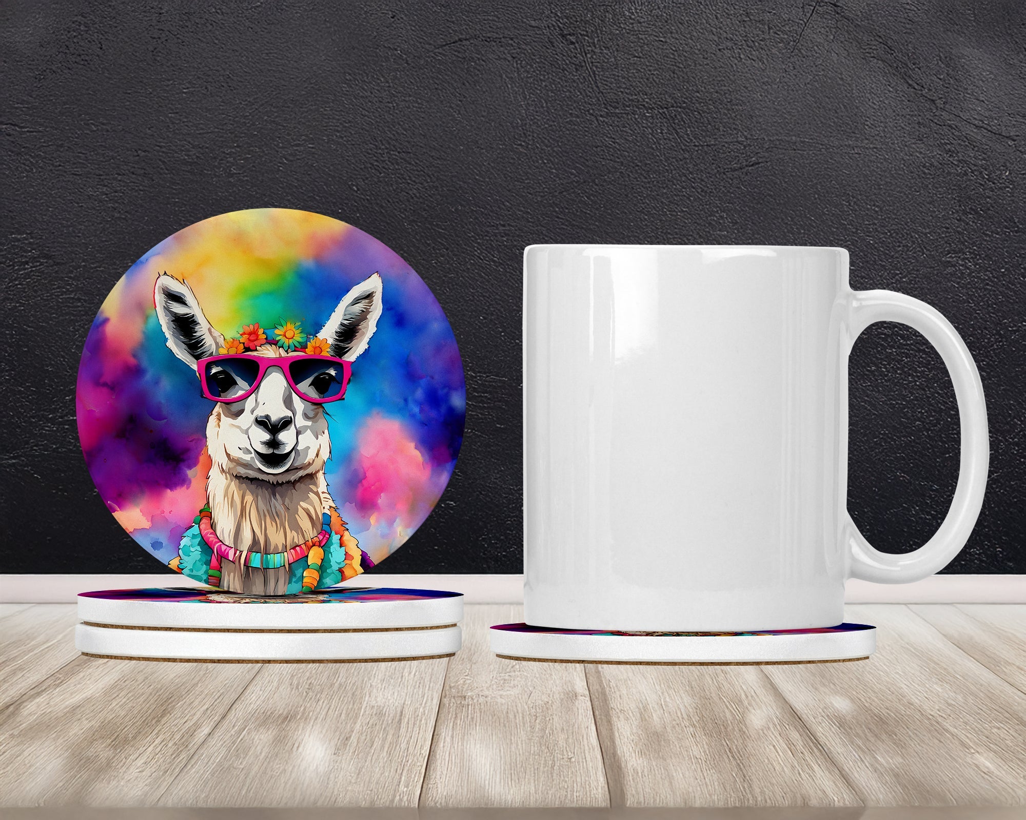 Hippie Animal Llama Large Sandstone Coasters Pack of 4 Absorbent Round Coasters Decor Gifts for Men or Women, 4 in, Multicolor