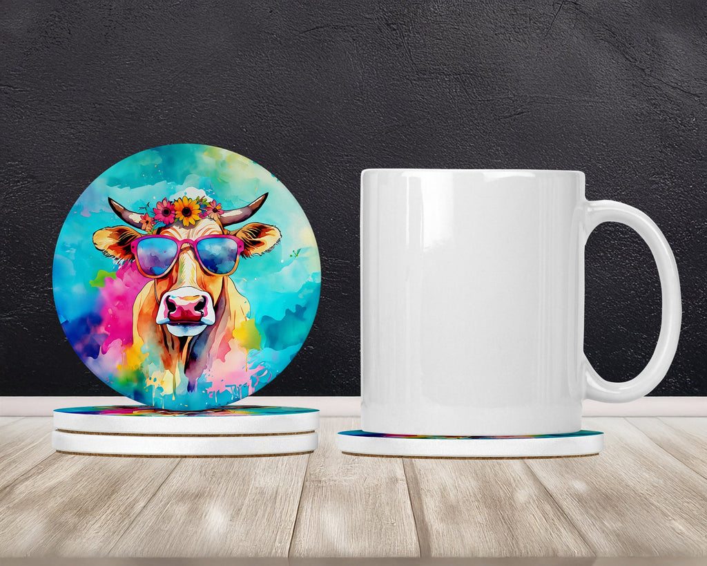 Hippie Animal Malvi Cow Large Sandstone Coasters Pack of 4 Absorbent Round Coasters Decor Gifts for Men or Women, 4 in, Multicolor