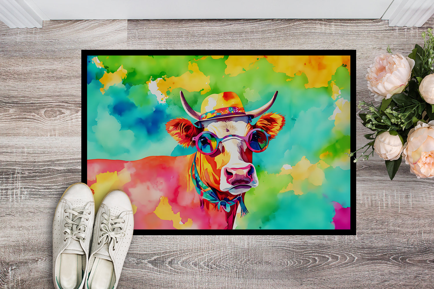 Hippie Animal Malvi Cow Doormat Indoor Outdoor 24H X 36W Front Door Mat Rugs for Entryway, Non Slip Washable Low Pile,