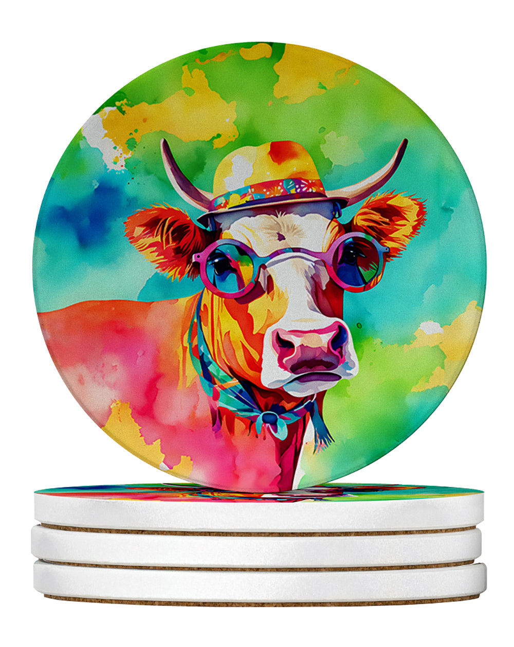 Hippie Animal Malvi Cow Large Sandstone Coasters Pack of 4 Absorbent Round Coasters Decor Gifts for Men or Women, 4 in, Multicolor