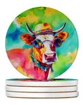 Hippie Animal Malvi Cow Large Sandstone Coasters Pack of 4 Absorbent Round Coasters Decor Gifts for Men or Women, 4 in, Multicolor