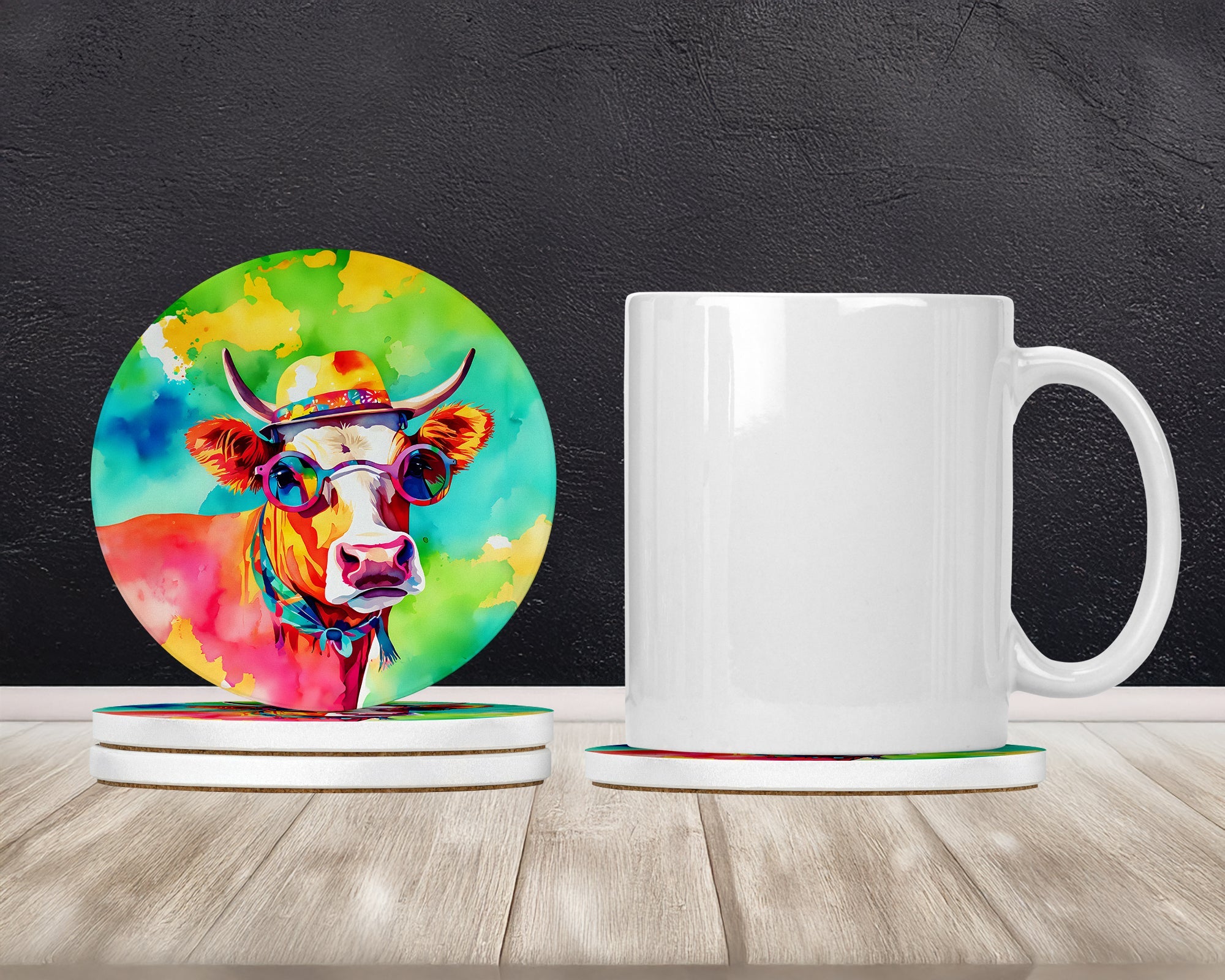 Hippie Animal Malvi Cow Large Sandstone Coasters Pack of 4 Absorbent Round Coasters Decor Gifts for Men or Women, 4 in, Multicolor