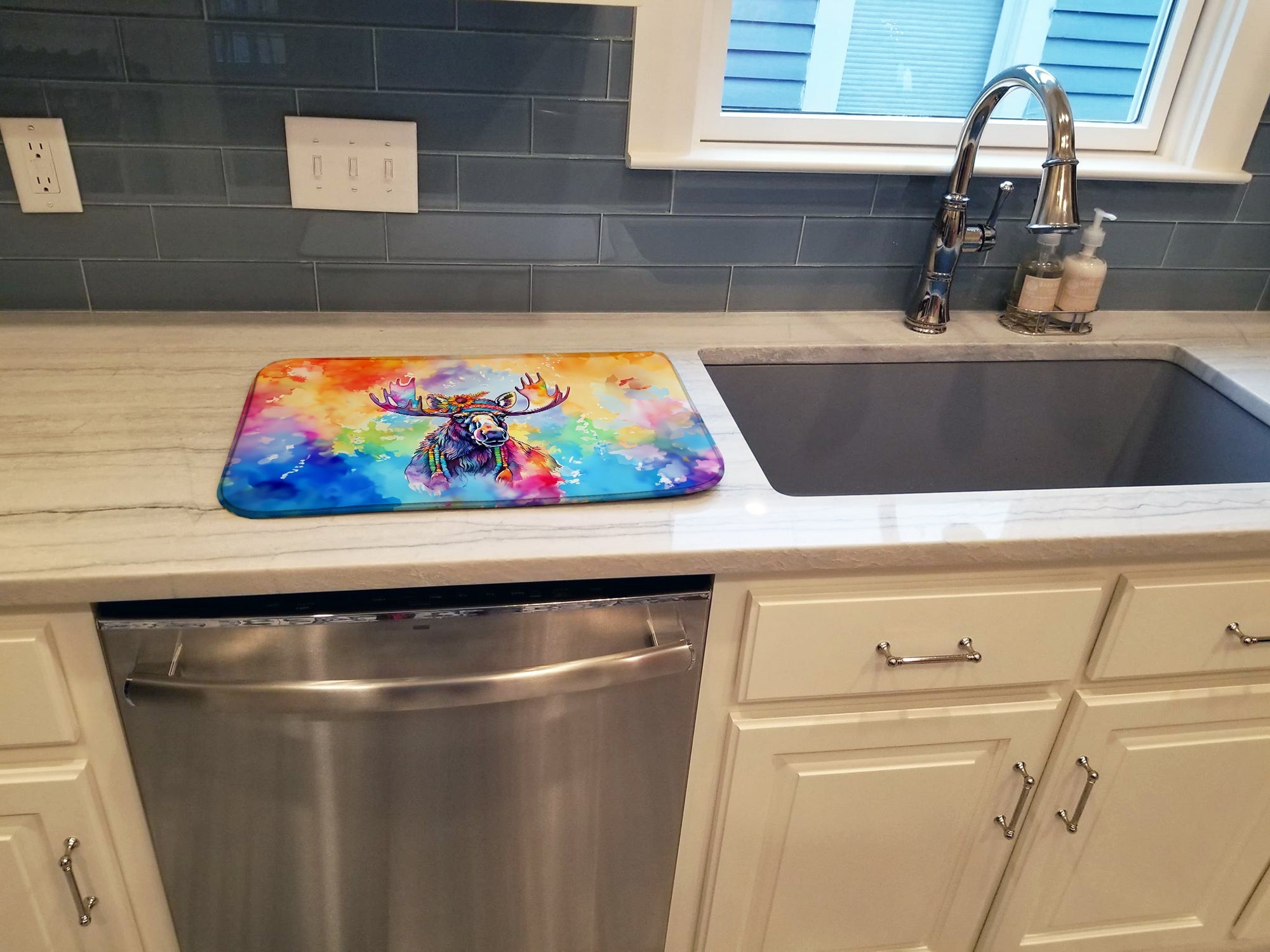 Hippie Animal Moose Dish Drying Mat Absorbent Dish Drying Mat Pad for Kitchen Counter Dish Drainer Mat for Countertop, 14 x 21", Multicolor