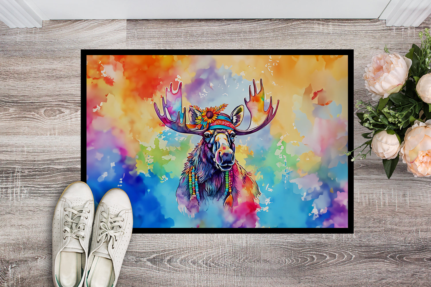Hippie Animal Moose Doormat Indoor Outdoor 18H X 27W Front Door Mat Rugs for Entryway, Non Slip Washable