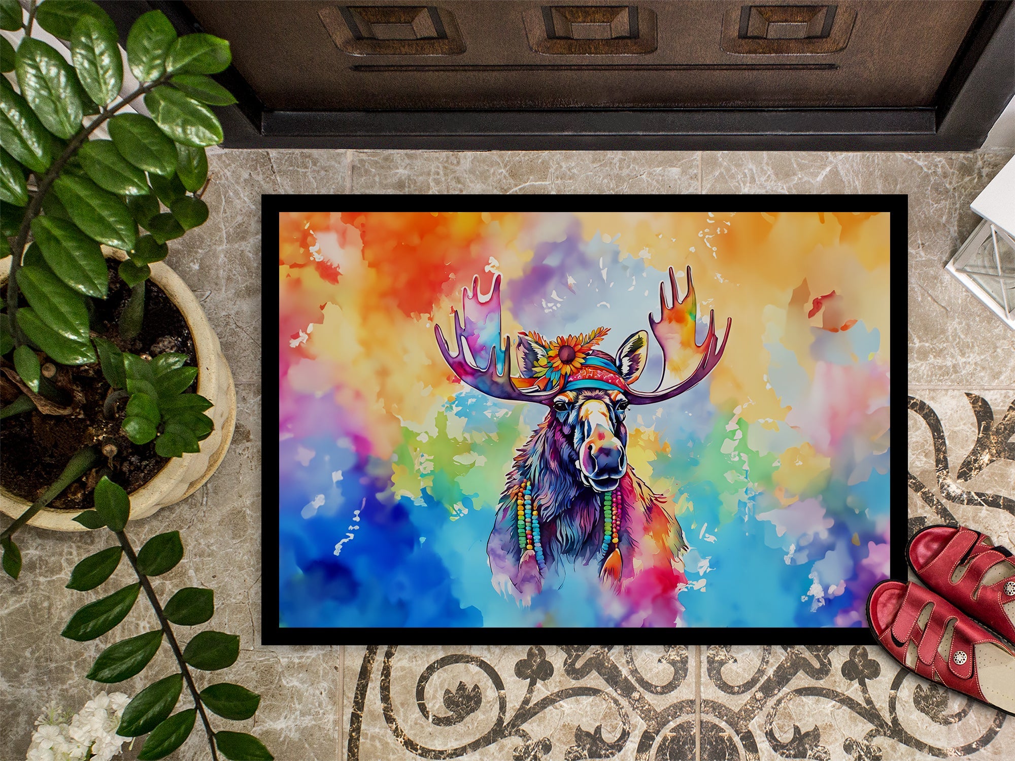 Hippie Animal Moose Doormat Indoor Outdoor 18H X 27W Front Door Mat Rugs for Entryway, Non Slip Washable