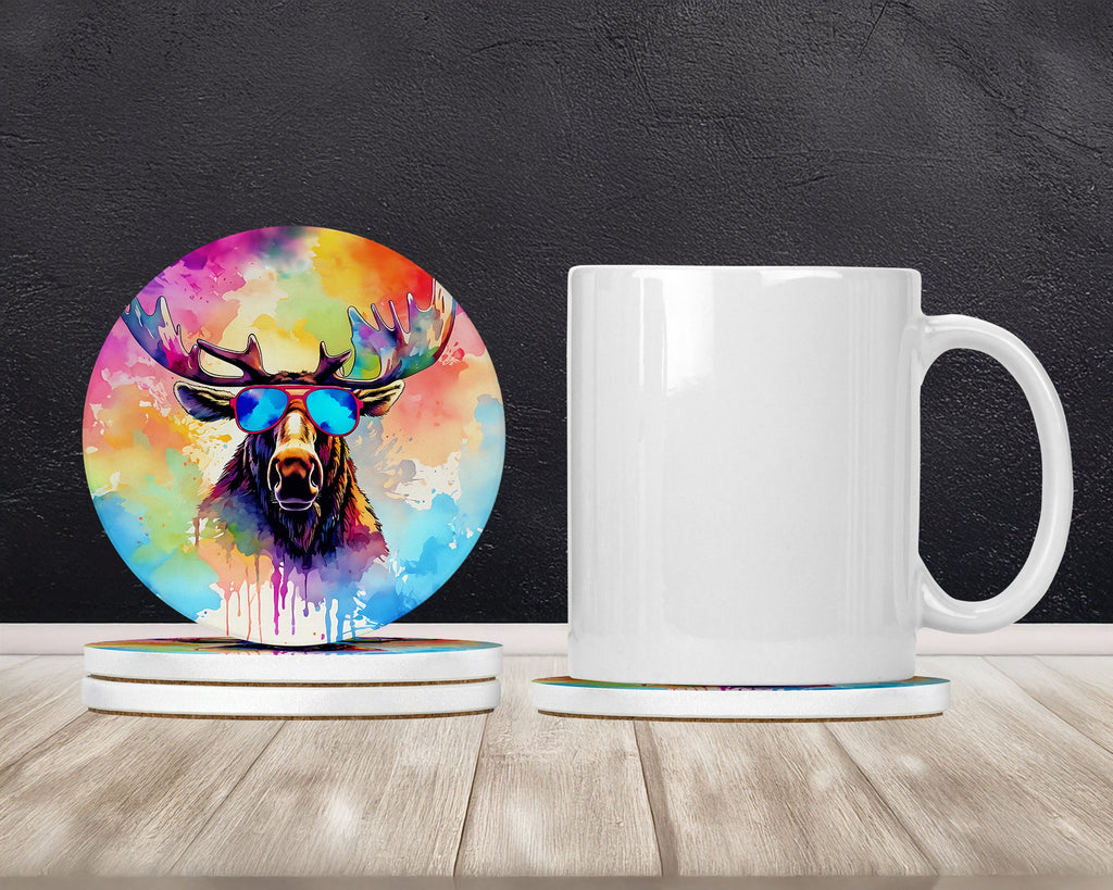 Hippie Animal Moose Large Sandstone Coasters Pack of 4 Absorbent Round Coasters Decor Gifts for Men or Women, 4 in, Multicolor