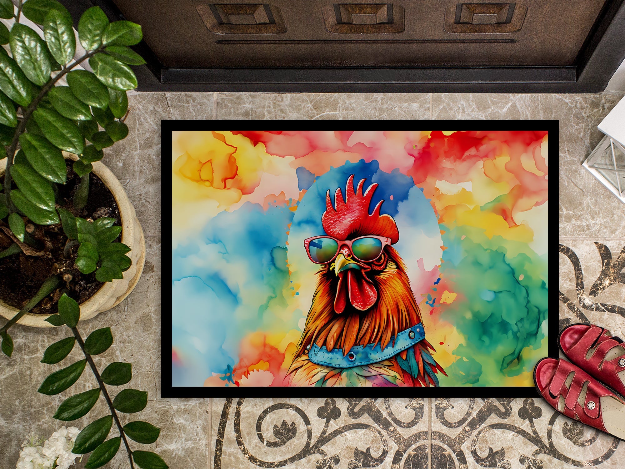 Hippie Animal Red Rooster Doormat Indoor Outdoor 24H X 36W Front Door Mat Rugs for Entryway, Non Slip Washable Low Pile,