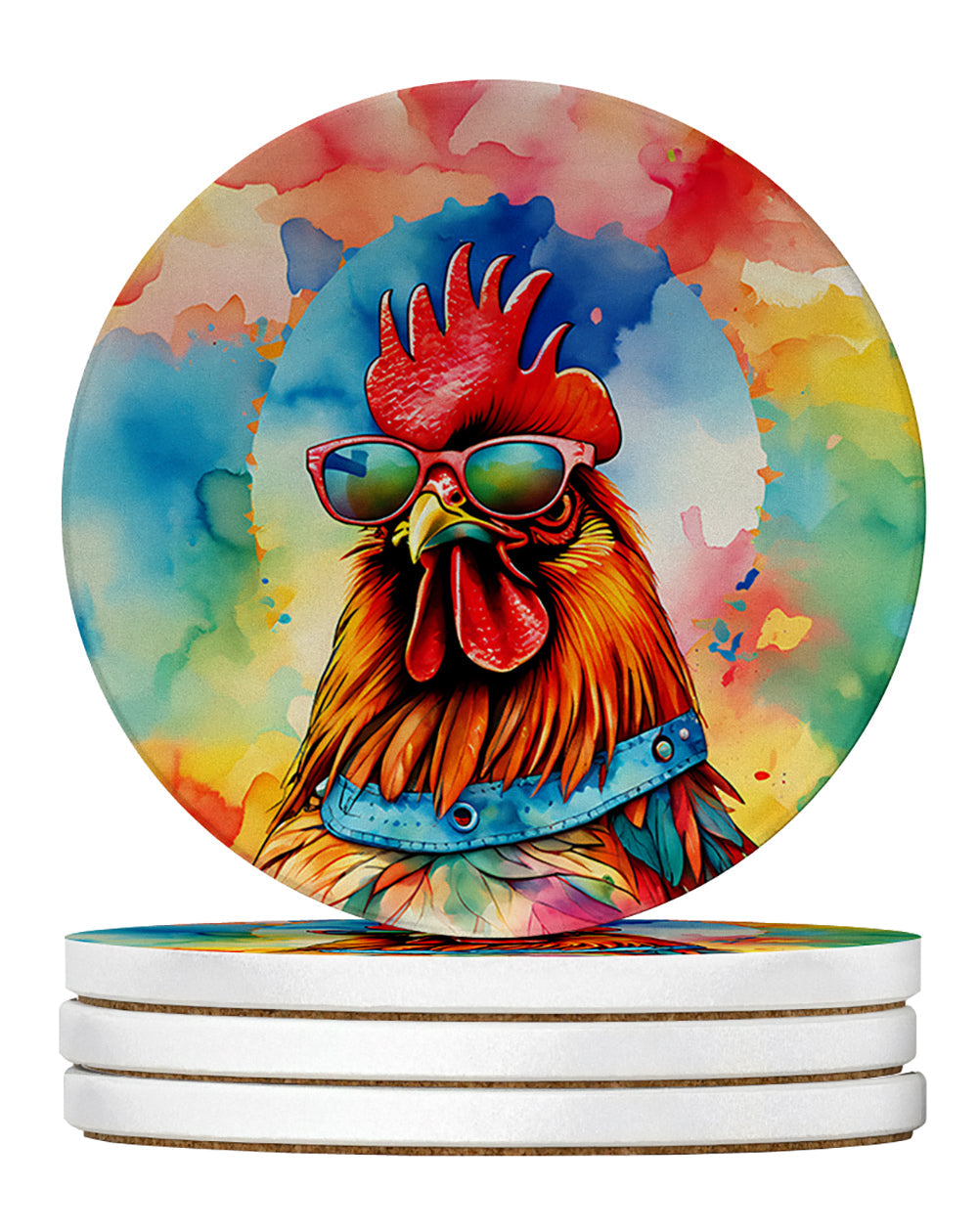 Hippie Animal Red Rooster Large Sandstone Coasters Pack of 4 Absorbent Round Coasters Decor Gifts for Men or Women, 4 in, Multicolor