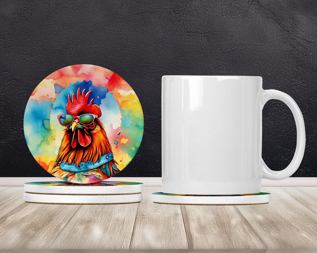 Hippie Animal Red Rooster Large Sandstone Coasters Pack of 4 Absorbent Round Coasters Decor Gifts for Men or Women, 4 in, Multicolor