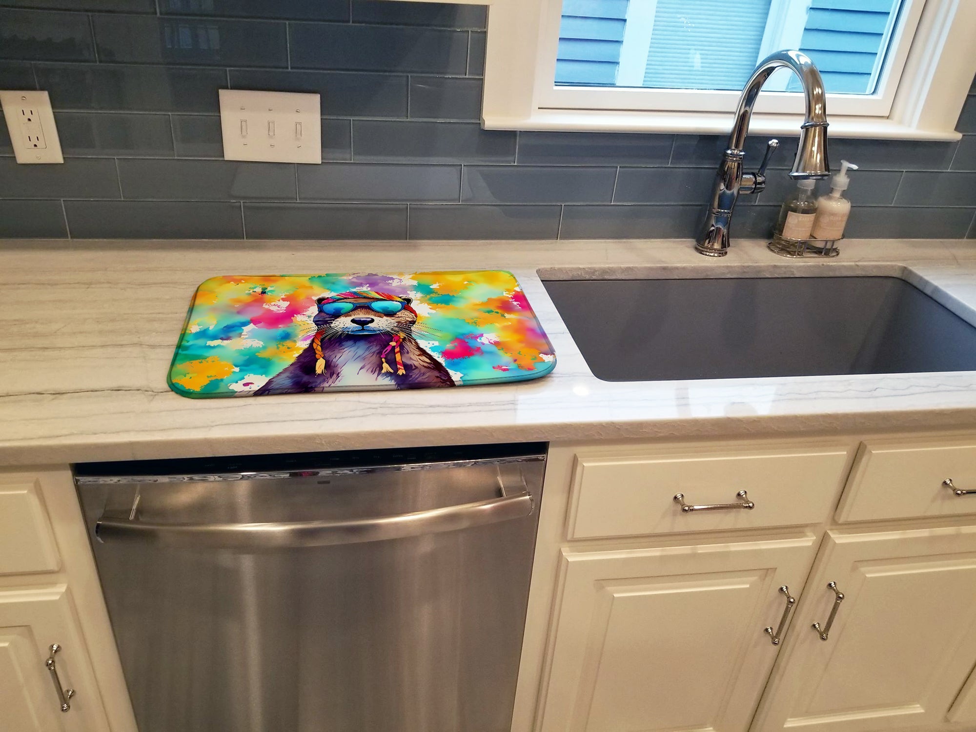 Hippie Animal Otter Dish Drying Mat Absorbent Dish Drying Mat Pad for Kitchen Counter Dish Drainer Mat for Countertop, 14 x 21", Multicolor