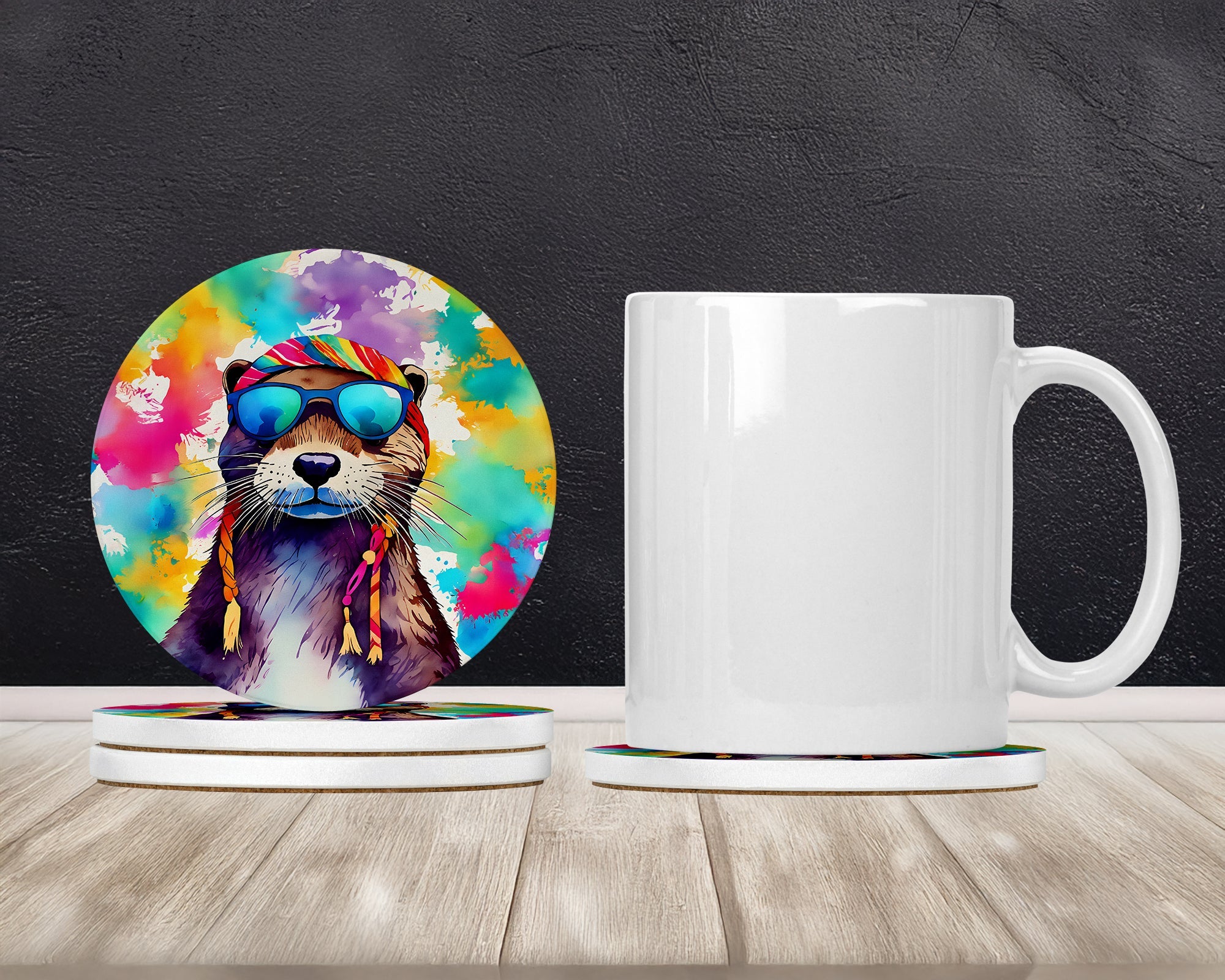 Hippie Animal Otter Large Sandstone Coasters Pack of 4 Absorbent Round Coasters Decor Gifts for Men or Women, 4 in, Multicolor