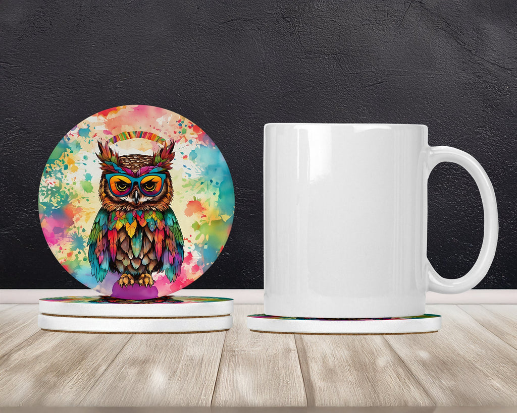 Hippie Animal Owl Large Sandstone Coasters Pack of 4 Absorbent Round Coasters Decor Gifts for Men or Women, 4 in, Multicolor