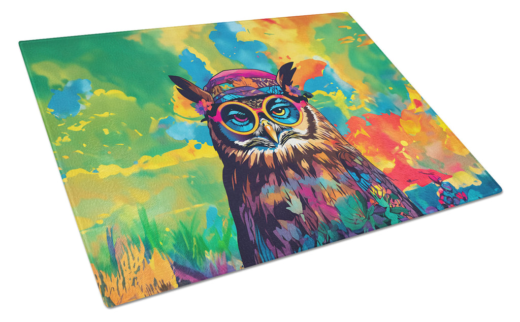 Hippie Animal Owl Cutting Board Tempered Glass Kitchen Cutting Surface, Heat Resistant Chopping, Non-Slip Feet, Food Prep & Serving