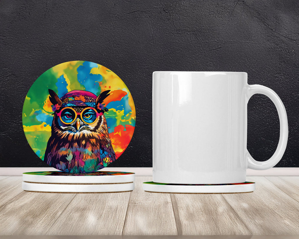 Hippie Animal Owl Large Sandstone Coasters Pack of 4 Absorbent Round Coasters Decor Gifts for Men or Women, 4 in, Multicolor